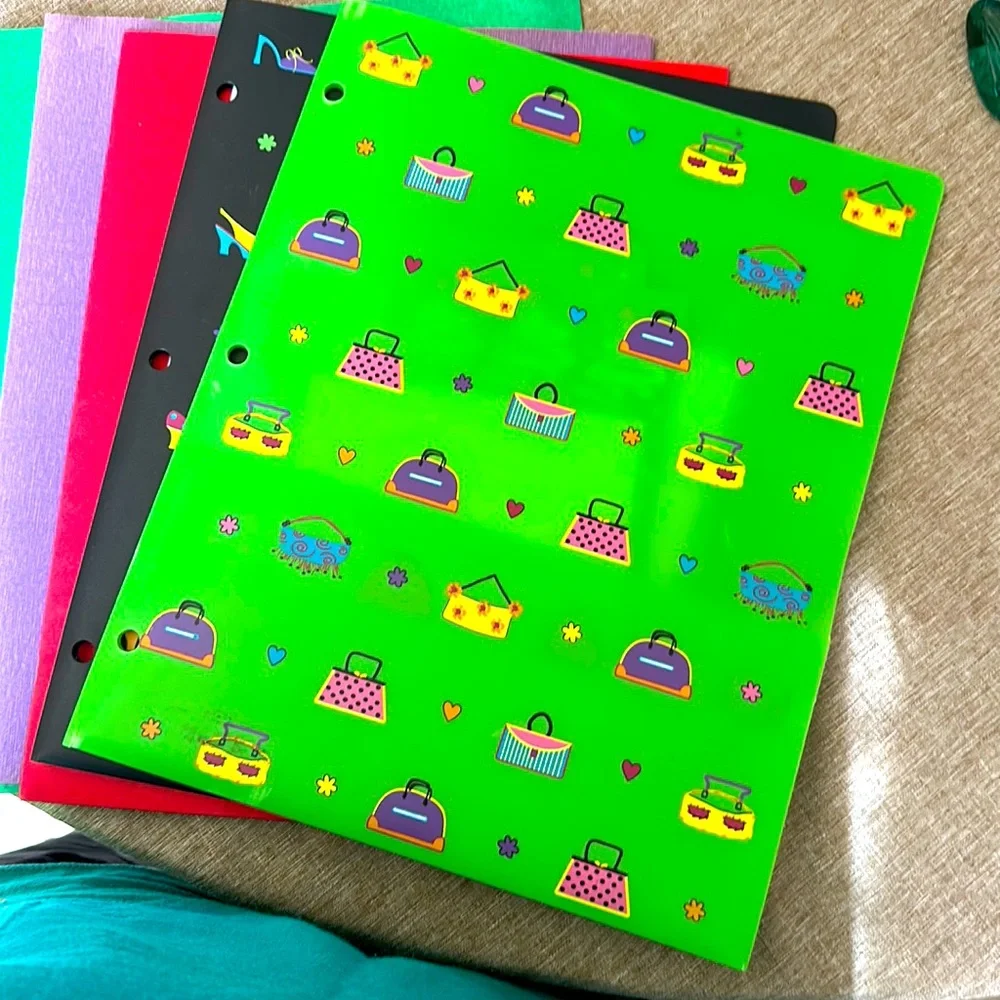 Assortment of folders, 2 plastic purse & shoe motiff, 3 plain folder